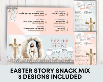 EDITABLE Easter Story Snack Mix Printable Tag Easter Bag Topper, Easter Basket Stuffer Treat Cards, Easter Party Gift Favor, Church Handout