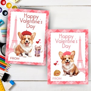 Tarjeta de San Valentín EDITABLE de Corgi, tarjeta de San Valentín para perros, Corgis, tarjeta de San Valentín para cachorros, tarjeta de San Valentín para niños en la escuela, tarjeta de perro con sombrero, macarrón, París