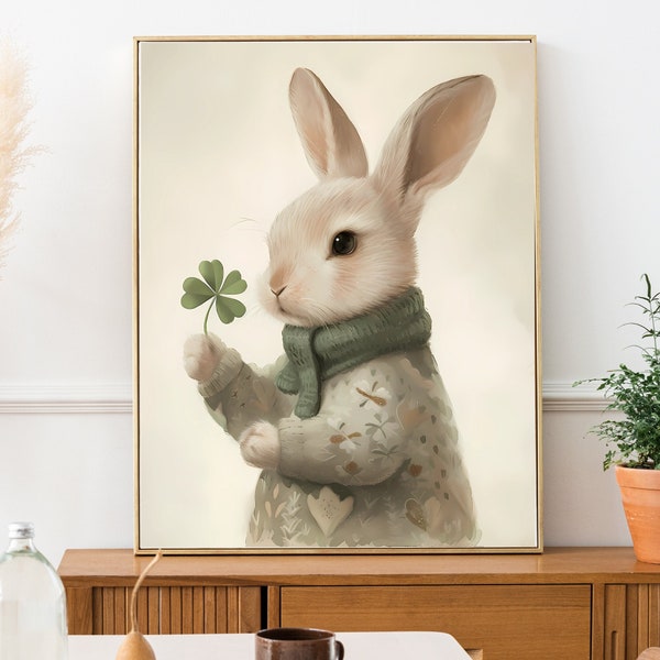 Shamrock Print, Rabbit Wall Art, St. Patrick's Day Print, Watercolor Bunny Print, St. Patricks Bunny, Four Leaf Clover, Nursery Room Art