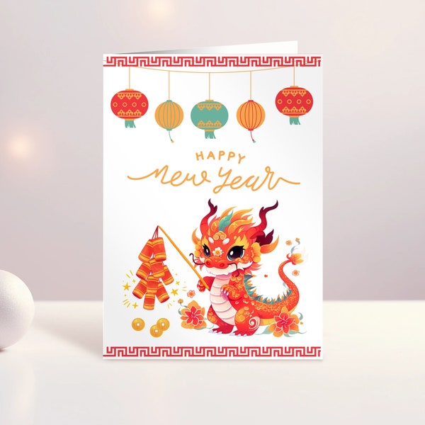 Carte de nouvel an chinois 2024 année du dragon, 4 x 6, 5 x 7 carte imprimable de nouvel an chinois, étiquette de nouvel an lunaire, téléchargement immédiat, carte Dragon