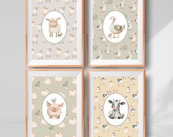 Nursery On The Farm Set Of 4 Prints, Kid's Farmhouse Decor, Cute Nursery Decor, Vintage Farm Art, Cow Pig Sheep Duck Prints, New Baby Gift