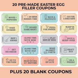 Printable Easter Egg Tokens, Easter Egg Filler Coupons, Easter Coupons for Kids, Easter Basket Filler, Printable Coupons, Voucher,