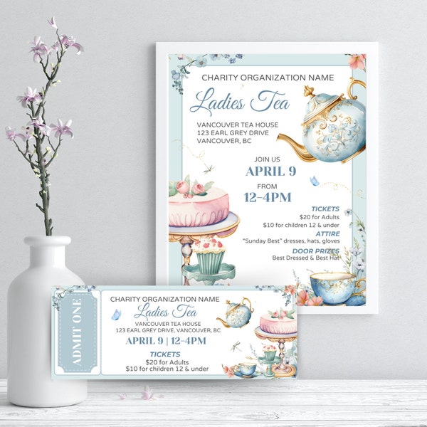 EDITABLE Tea Party Event Ticket, High Tea Party Template, Tea Party Sign Printable, Corporate Event, Brunch Flyer, Mother's Day, Boho Party