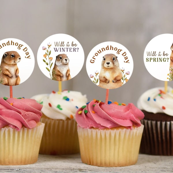 Groundhog Day Cupcake Toppers, Party Printable, Punxsutawney Phil, Groundhogs Day Party Decor, Cake Topper, Wiarton Willie, Marmot