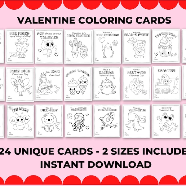 Valentine Coloring Cards / Classroom Valentine Cards / Kid Valentine Card / Printable Valentines / Coloring Valentine