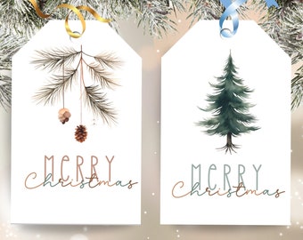 May include: Two white gift tags with a brown pine branch and pine cones on one and a green watercolor pine tree on the other. Both tags have the text "Merry Christmas" in a handwritten font.