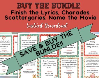 BUNDLE Jeu de Noël à imprimer / Jeux de fête de Noël / Téléchargement immédiat / Jeux pour professeur / Charades / Finir les paroles / Scattergories