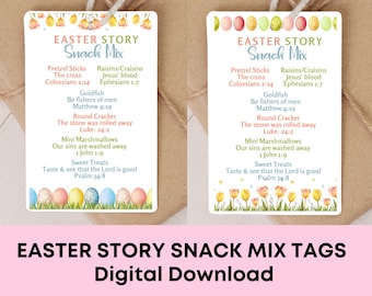Religious Easter Story Snack Mix Printable Gift Tags, Easter Basket Stuffer Treat Cards, Easter Party Gift Favor, School & Church Handout