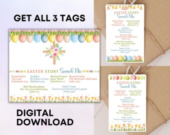 The Easter Story Snack Mix Printable Tag and Bag Topper, Easter Basket Stuffer Treat Cards, Easter Party Gift Favor, School & Church Handout