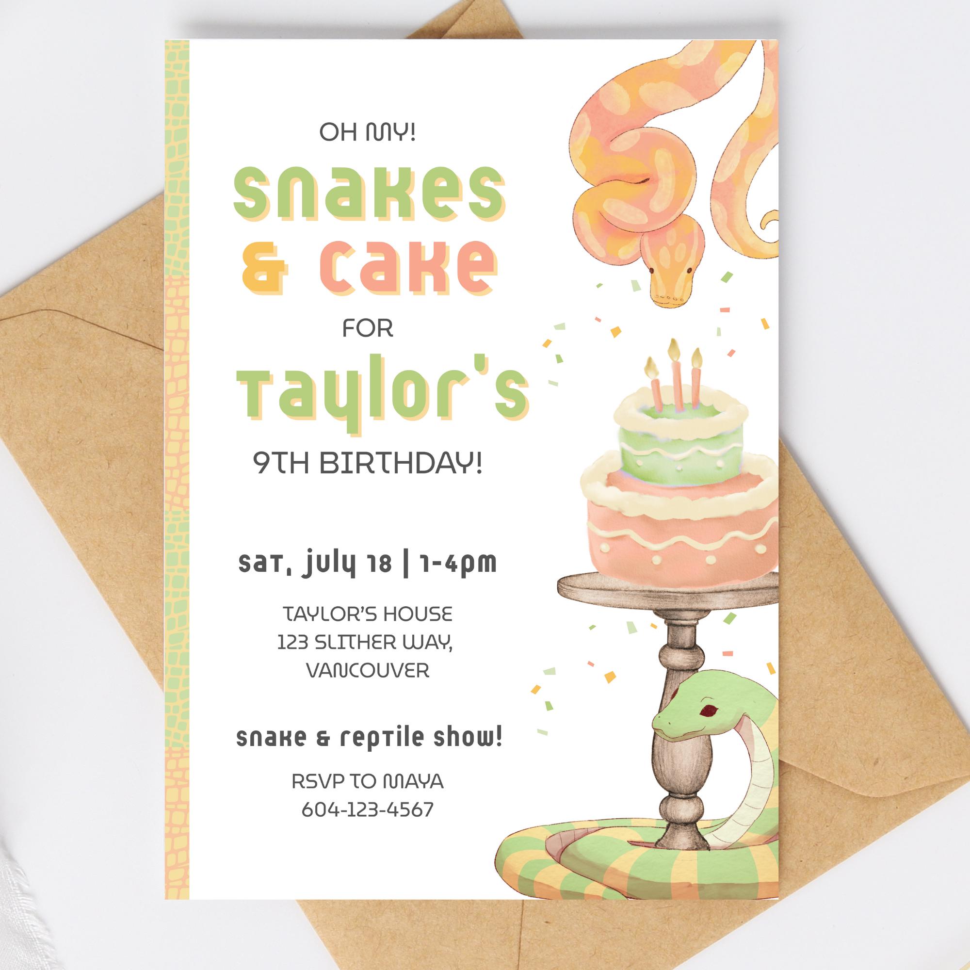Snake Birthday Party Invite, Snakes and Cake Invite, Snake Party, Reptile Party Decor, Creepy Crawly Reptile Birthday Invitation Printable