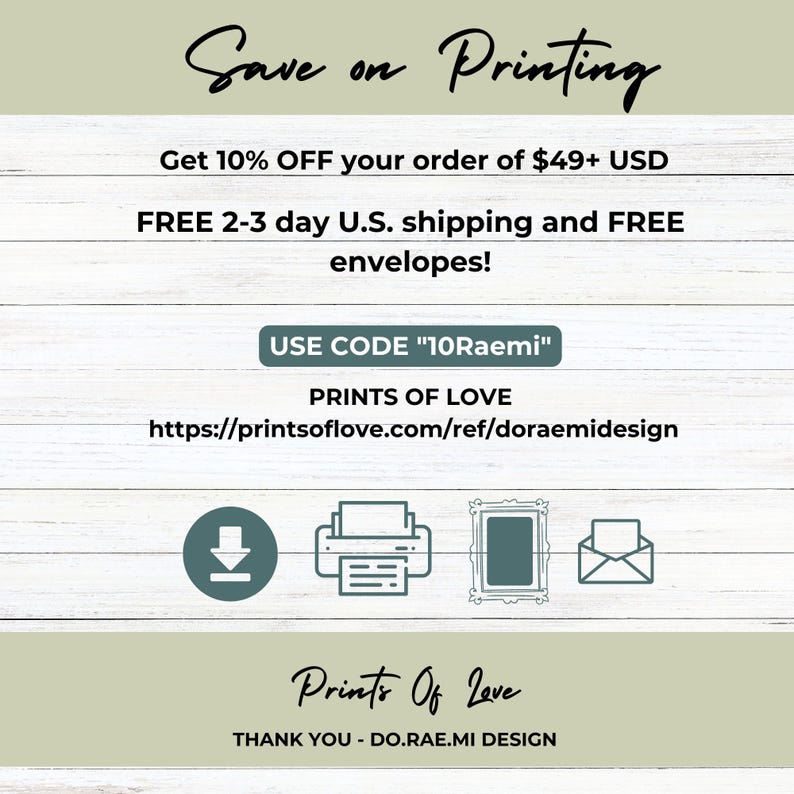 May include: A promotional graphic with the text "Save on Printing" in a script font. It includes the text "Get 10% OFF your order of $49+ USD" and "FREE 2-3 day U.S. shipping and FREE envelopes!" with a discount code and website address.