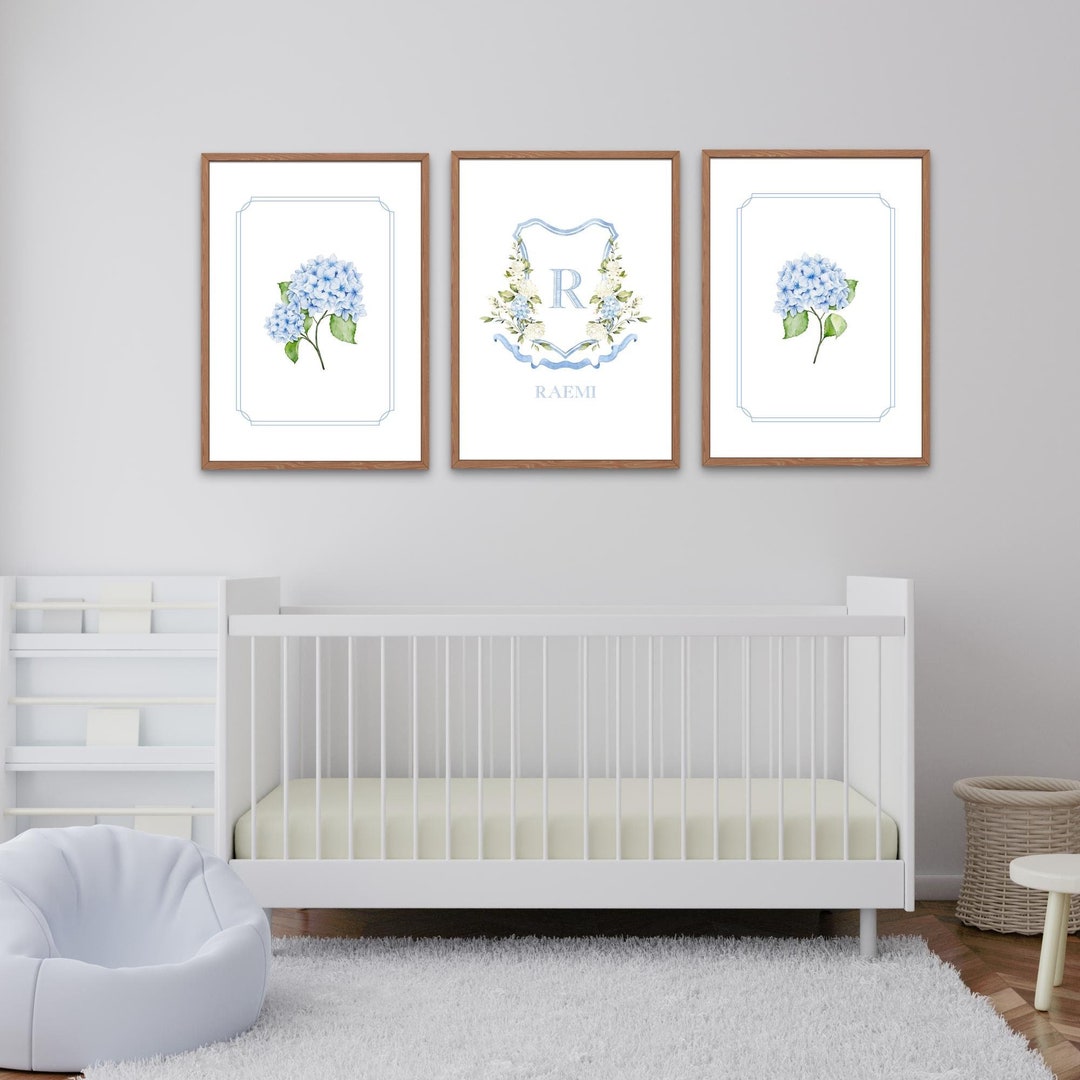 Personalized Watercolor Blue Hydrangea Nursery, Initial Print for ...