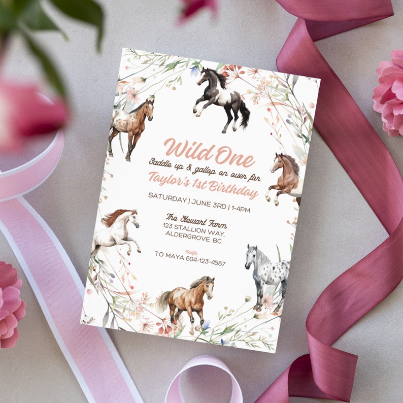 EDITABLE Floral Horse Birthday Invitation Template, Girl Saddle Up Invite, Cowgirl Party Horse Invite, Pink Floral Equestrian Birthday Party, Wildflower Horse Invite, editable canva invitation, canva template, pony party, girl birthday party invite