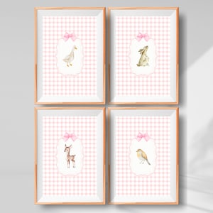 Bunny Nursery Print Set, Duck Nursery Print, Rabbit Deer Woodland Nursery, Pink Girls Nursery Decor, Cottagecore Vintage Nursery Decor, Bows