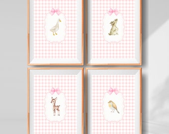 Bunny Nursery Print Set, Duck Nursery Print, Rabbit Deer Woodland Nursery, Pink Girls Nursery Decor, Cottagecore Vintage Nursery Decor, Bows