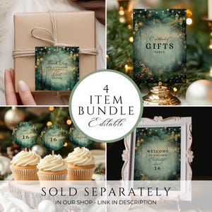 May include: A bundle of four editable party items with a forest theme. Includes gift tags, a gifts table sign, cupcake toppers, and a welcome sign. The items feature a teal and gold color scheme with the text "Thank You", "Gifts Table", and "Welcome".