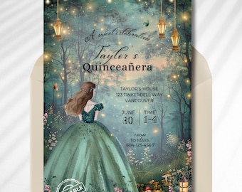Enchanted Sweet 16 Invitation Template Canva, Green Quinceanera Fairy Garden Birthday, Editable Teen Birthday Invite, Magical Forest Party