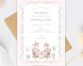 Mouse Fairy Tea Party Birthday Invitation, Two for Tea Par-Tea Invite, Wildflower Floral Garden Party Girl 2nd Birthday, Canva Template