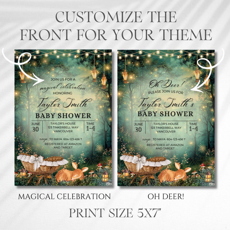 EDITABLE Woodland baby shower Invitation, Enchanted Forest Invite, magical Woodland Invite Canva, Enchanted baby shower, fairy garden, fairy lights, woodland deer party theme, magical baby shower, Enchanted Forest, Enchanted Garden Invitation Forest Fairy Garden, Woodland Garden Invite, magical Party, Emerald Green baby shower invite, oh deer baby shower, cradle, Enchanted Forest Baby Shower Invite Template Canva, Woodland Baby Shower, Oh Deer Woodland Deer Magical Baby Shower Fairy Garden