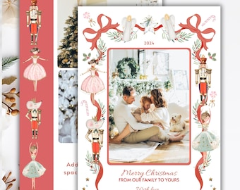 Nussknacker Weihnachten Foto Kartenvorlage, Urlaub Foto Karte druckbar, 5 x 7 DIY Weihnachtskarte, Nussknacker Ballett Geschenke, rote Schleife Urlaub Karte