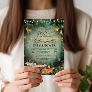 EDITABLE Woodland baby shower Invitation, Enchanted Forest Invite, magical Woodland Invite Canva, Enchanted baby shower, fairy garden, fairy lights, woodland deer party theme, magical baby shower, Enchanted Forest, Enchanted Garden Invitation Forest Fairy Garden, Woodland Garden Invite, magical Party, Emerald Green baby shower invite, oh deer baby shower, cradle, Enchanted Forest Baby Shower Invite Template Canva, Woodland Baby Shower, Oh Deer Woodland Deer Magical Baby Shower Fairy Garden