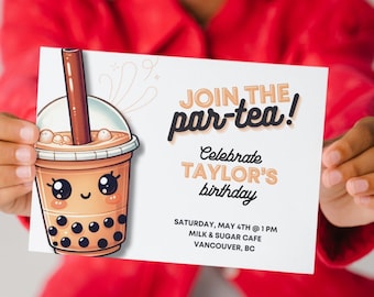 Boba Tea Birthday Invitation Template, Birthday Par-Tea, Boba Tea Party Invite, Kawaii Bubble Tea Birthday Party, Editable Party Invitation