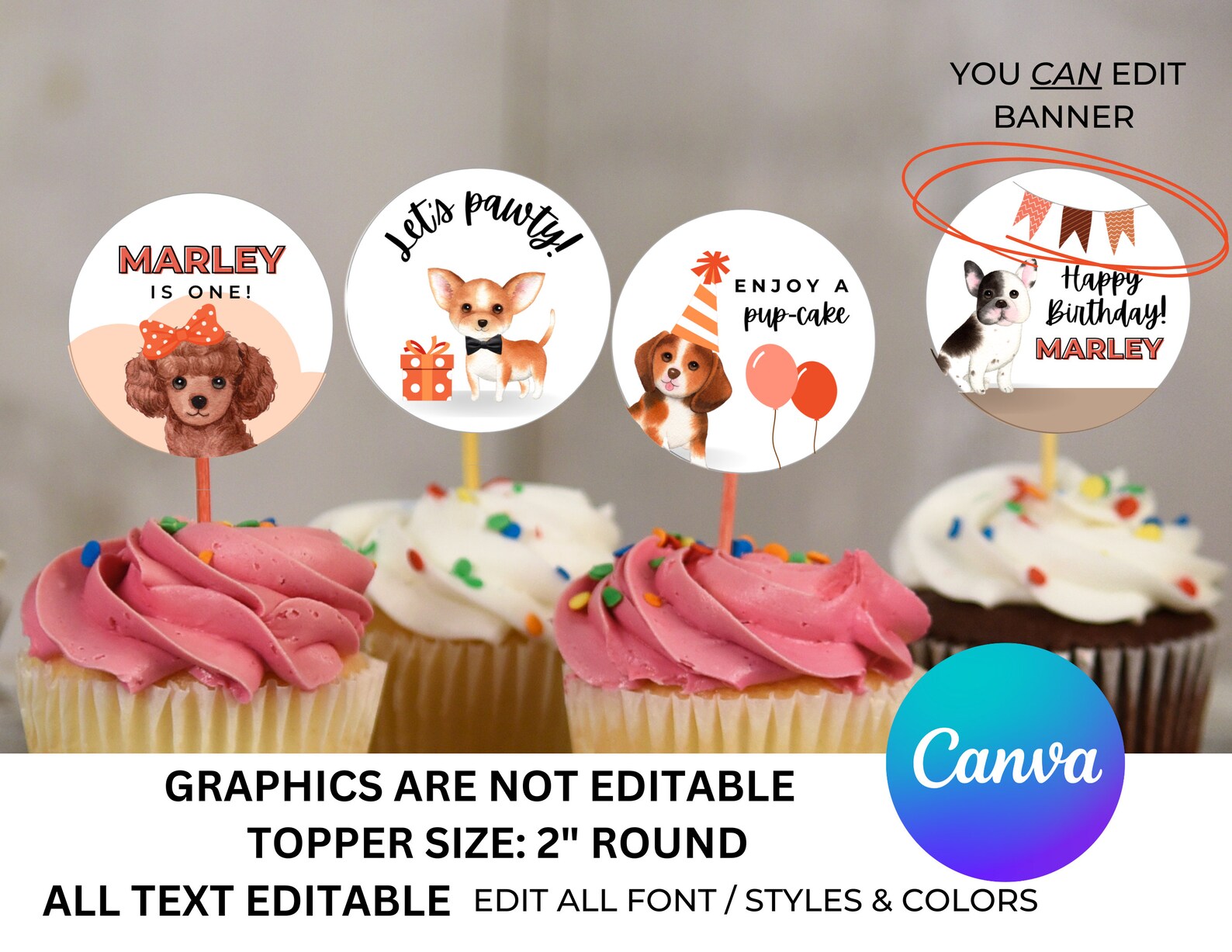 Dog Cupcake Toppers Editable Toppers Puppy Birthday Dog - Etsy
