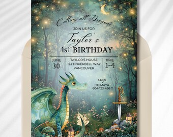 Dragon Birthday Invitation Template Editable Canva, Fantasy Birthday Enchanted Garden Invitation, Magical Party Dragon Party Invitation