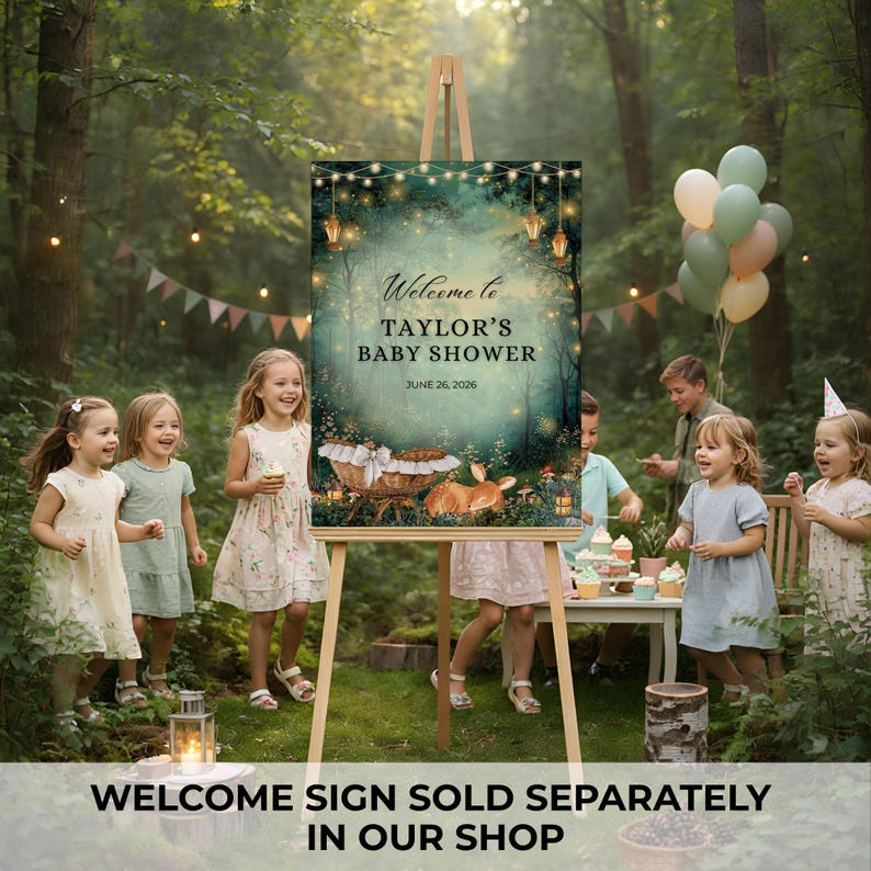 EDITABLE WELCOME SIGN Woodland baby shower,Enchanted Forest SHOWER,magical Woodland party decor template Canva,Enchanted baby shower welcojme sign, fairy garden, fairy lights, woodland deer shower theme, magical baby shower, Enchanted Forest, Garden sign Forest Fairy Garden, Woodland Garden party decor welcome sign, magical Party, Emerald Green,oh deer baby shower, cradle,Enchanted Forest Baby Shower,Woodland Baby Shower,Oh Deer Woodland Deer Magical Baby Shower Fairy Garden, baby shower poster