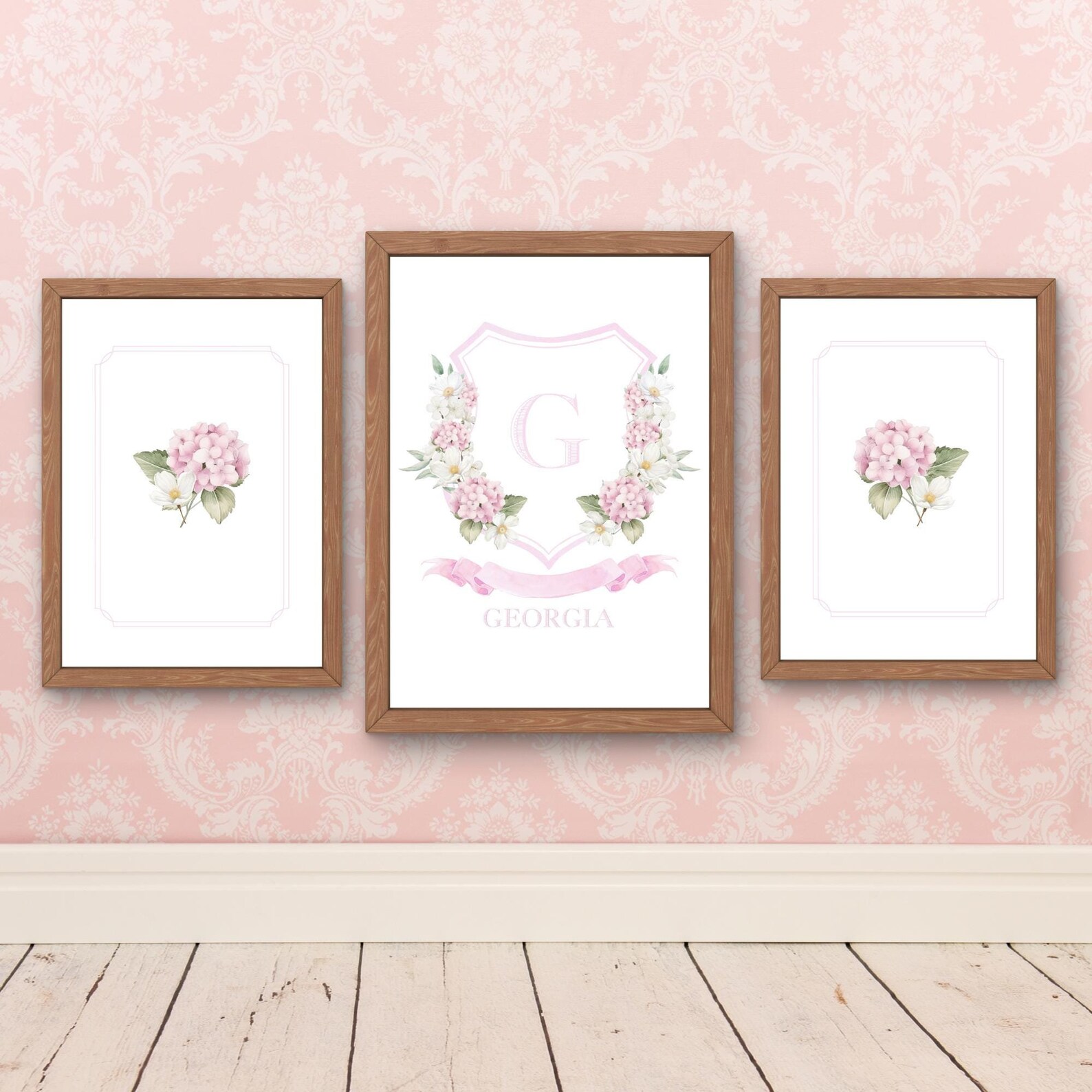 Personalized Watercolor Pink Hydrangea Nursery, Initial Print for ...