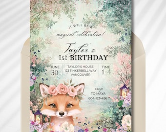 Woodland Fox First Birthday Invitation Template Canva, Enchanted Forest Birthday Party, Floral Cute Fox Birthday Party Invite, Forest Animal