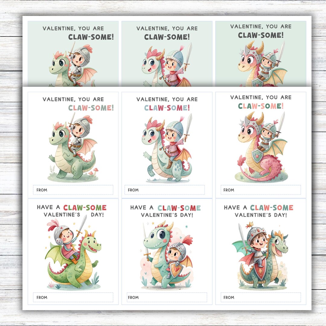 Printable Dragon Valentine's Day Cards for Kids, Knight Valentine Cards ...