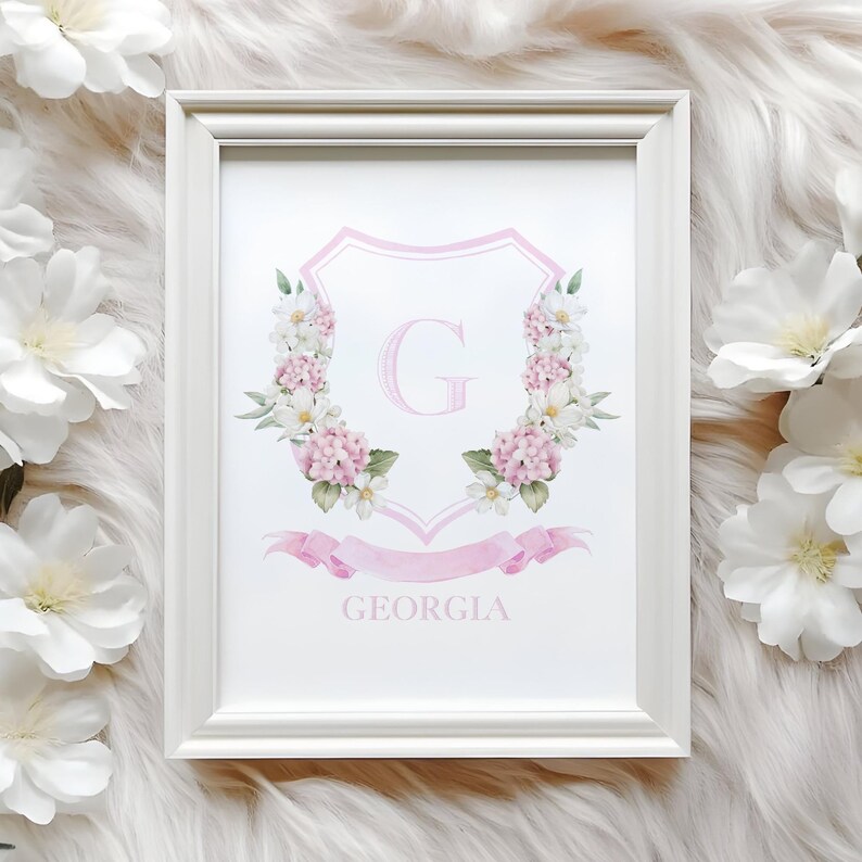 Personalized Watercolor Pink Hydrangea Nursery, Initial Print for ...