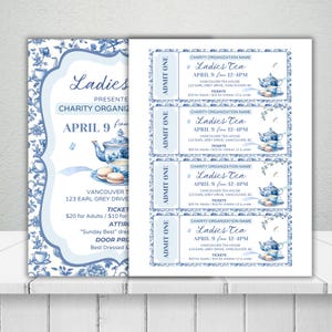 editable Tea Party Event Ticket, High Tea Party Template, Tea Party Sign Printable, Corporate Event, Brunch Flyer, Mothers Day, Boho Party,event sign printable, tea party ticket, blue chinoiserie high tea brunch, ladies tea, partea, Bridgerton party