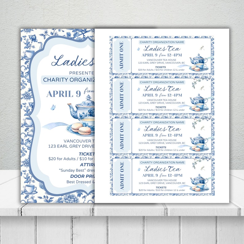 editable Tea Party Event Ticket, High Tea Party Template, Tea Party Sign Printable, Corporate Event, Brunch Flyer, Mothers Day, Boho Party,event sign printable, tea party ticket, blue chinoiserie high tea brunch, ladies tea, partea, Bridgerton party