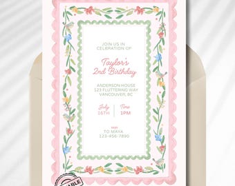 Colorful Floral Pink Scalloped Birthday Invitation, Coquette Watercolor Garden Party Invite, Toddler Girl 2nd Birthday Birds Canva Template