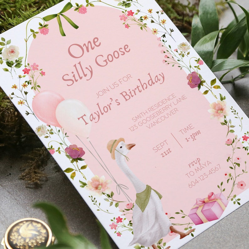 One Silly Goose Birthday Invitation, Goose Invitation, Little Goose, Silly Goose, First Birthday, One Lucky Duck Birthday Invite, Duck Party, duck first birthday, silly duck birthday, girl first birthday, goose birthday party, vintage goose invite