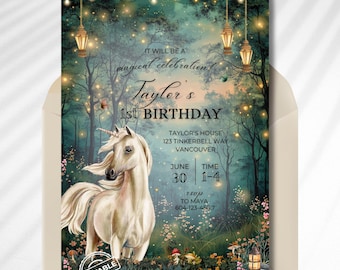 Magic Unicorn Invitation, Enchanted Forest Birthday Party, Garden Invitation, Woodland Birthday Magic Garden Invite, Girls Magical Party