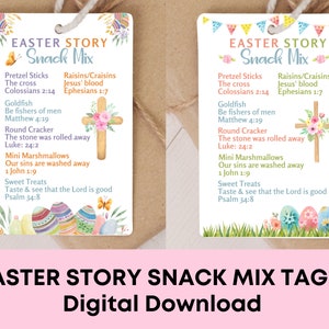 Religiöse Ostergeschichte Snack Mix Druckbare Geschenkanhänger, Osterkorb Stuffer Leckerbissen, Osterparty Geschenk Favor, Schule & Kirche Handout