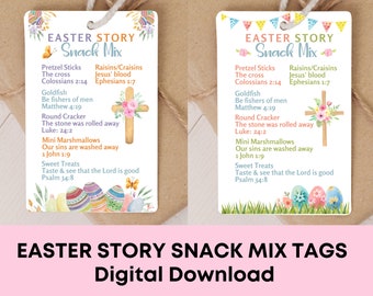 Religious Easter Story Snack Mix Printable Gift Tags, Easter Basket Stuffer Treat Cards, Easter Party Gift Favor, School & Church Handout