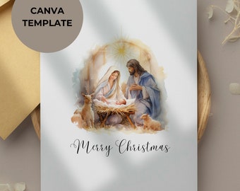 EDITABLE Watercolor Nativity Card Printable, Christmas Card Template, Holy Family, Christmas Nativity, Jesus Christ, LDS Art 5x7, 4x6 Card