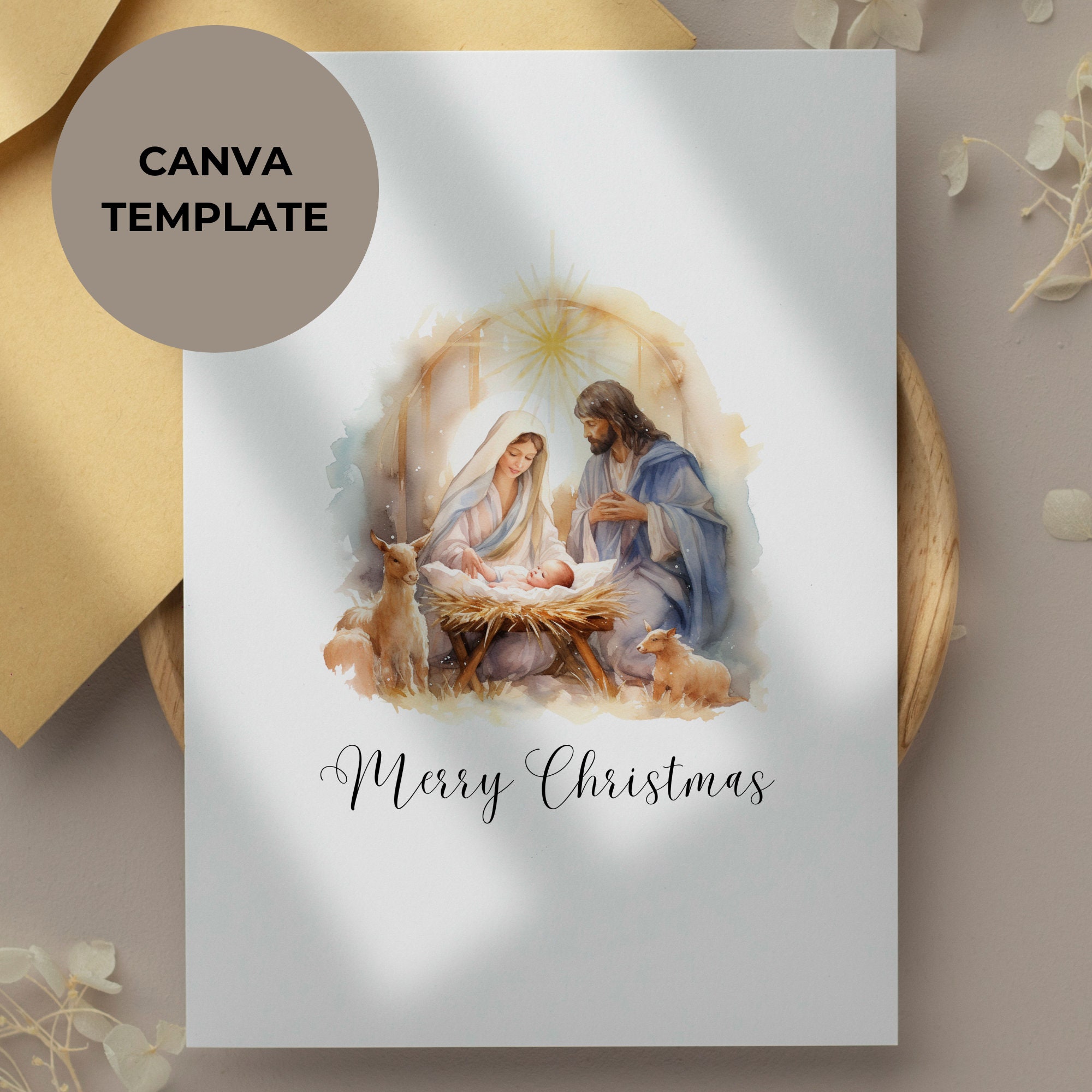 EDITABLE Watercolor Nativity Card Printable, Christmas Card Template, Holy Family, Christmas Nativity, Jesus Christ, LDS Art 5x7, 4x6 Card