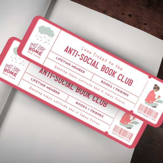 Anti-Social Club Bookmark, Pink Bookmark Ticket, Bookish Gift, Cute Bookmark, Book Lover Gift, Feminist Bookmark, Female Book Club