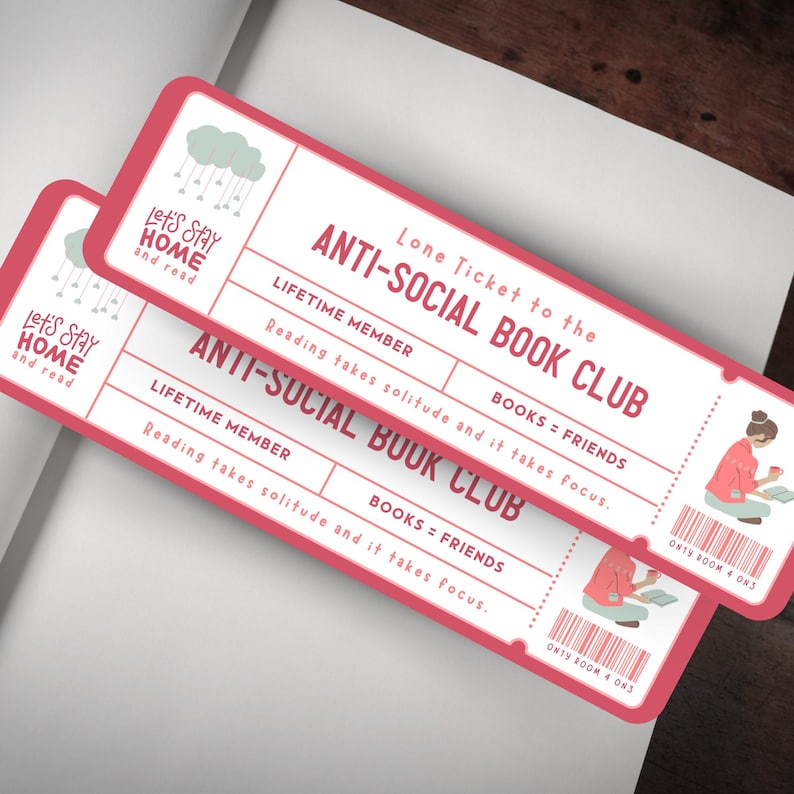 Anti-Social Club Bookmark, Pink Bookmark Ticket, Bookish Gift, Cute Bookmark, Book Lover Gift, Feminist Bookmark, Female Book Club, cute bookmark, Book lover gift, Book gifts, Antisocial club, book club ticket, gifts for readers, bookish girls