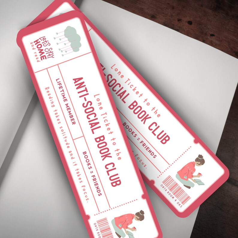 Anti-Social Club Bookmark, Pink Bookmark Ticket, Bookish Gift, Cute Bookmark, Book Lover Gift, Feminist Bookmark, Female Book Club, cute bookmark, Book lover gift, Book gifts, Antisocial club, book club ticket, gifts for readers, bookish girls