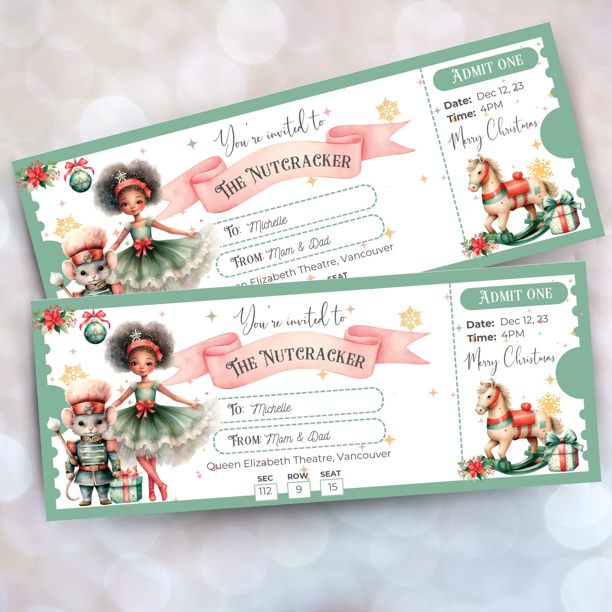 Editable Nutcracker Ticket , Personalized Nutcracker Ballet Surprise Gift Ticket Template, the