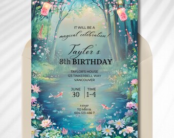 Cherry Blossom Birthday Invite, Enchanted Garden Party Invitation, Watercolor Woodland Party Invitation, Magical Koi Pond Birthday Template