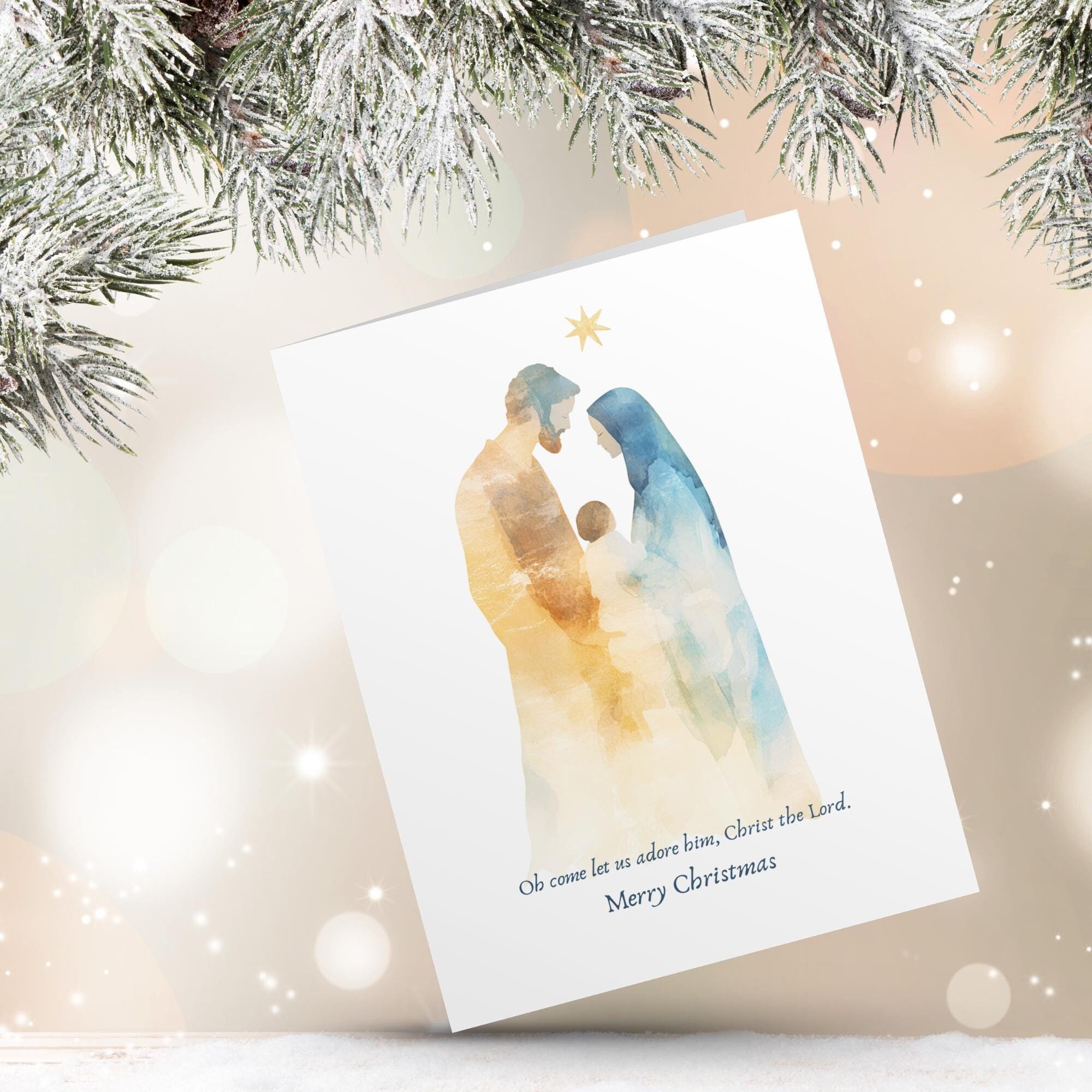 Printable Nativity Card, Religious Christmas Card, Christian Christmas Watercolor, Holiday Greeting Card, Holy Family, Come Let Us Adore Him