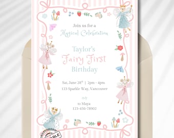 Fairy First Birthday Invitation, Canva 1st Birthday Girl Invite, Spring Wildflower Whimsical Fairy Garden Party, Boho Floral Storybook Theme