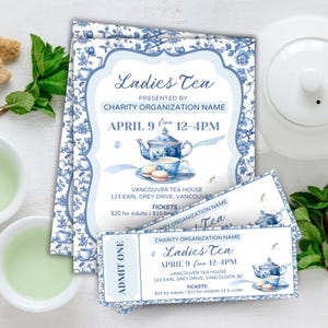 editable Tea Party Event Ticket, High Tea Party Template, Tea Party Sign Printable, Corporate Event, Brunch Flyer, Mothers Day, Boho Party,event sign printable, tea party ticket, blue chinoiserie high tea brunch, ladies tea, partea, Bridgerton party
